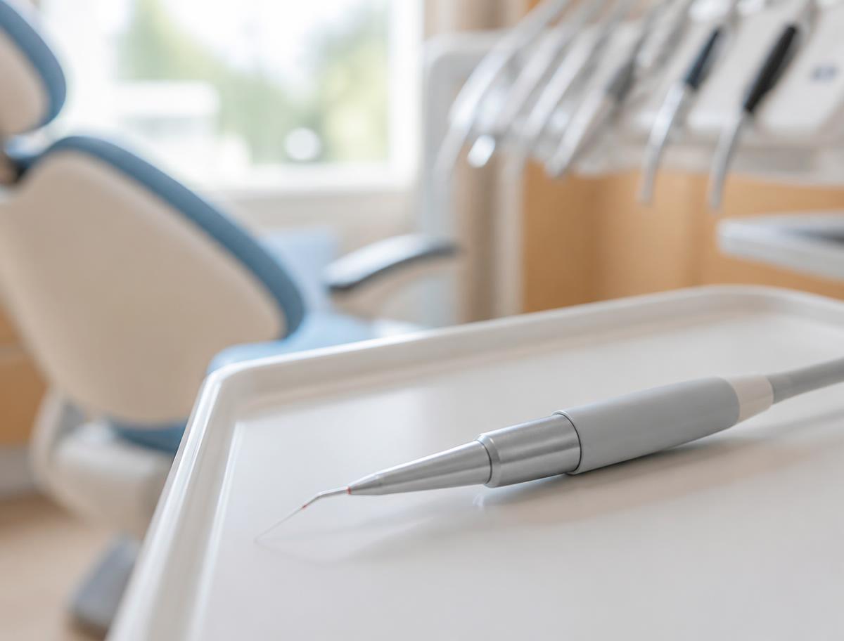 Soft tissue diode laser handpiece resting on a clean dental tray in a treatment room